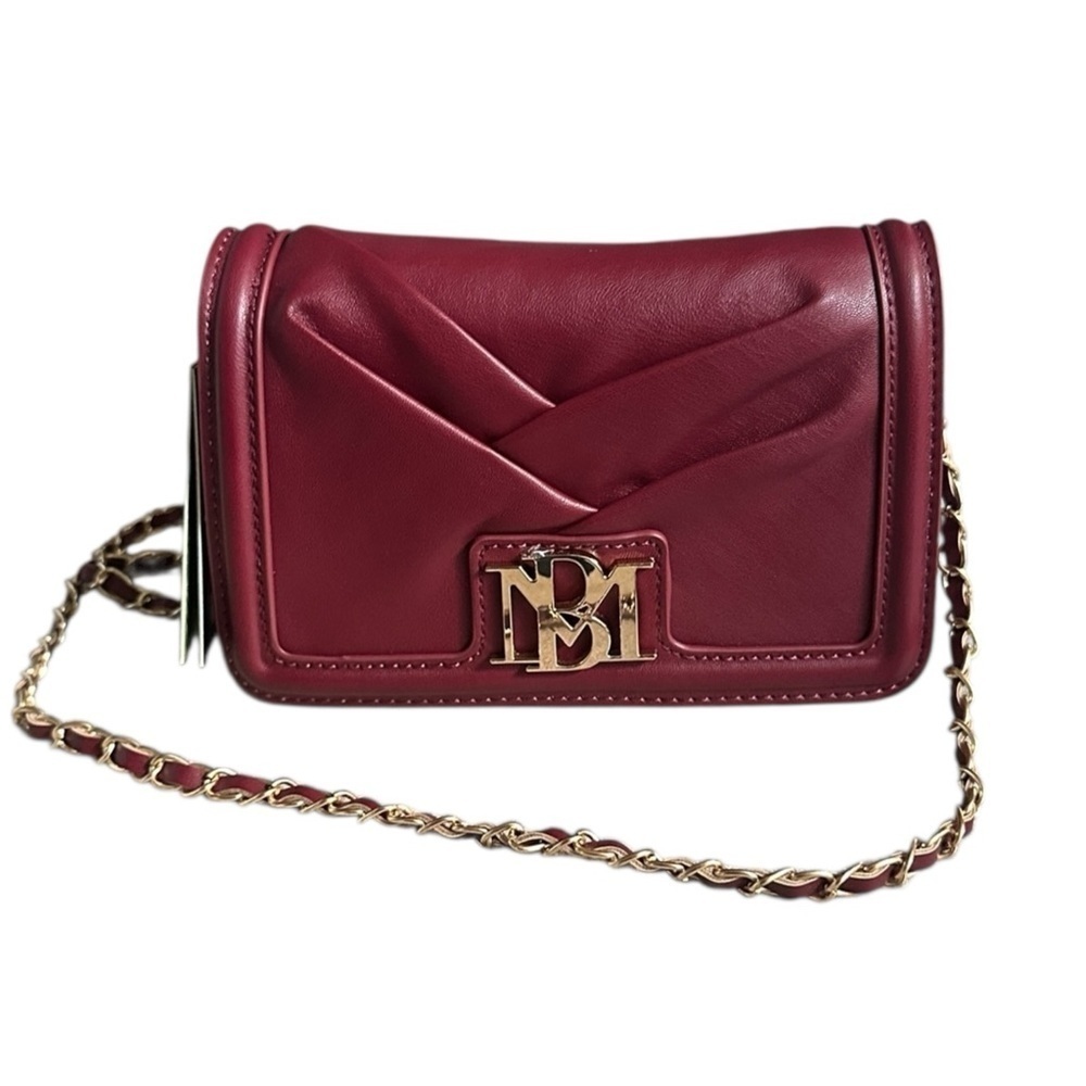Badgley Mischka Small Pleated Crossbody Bag NWT Wine Red Faux Leather Gold Chain